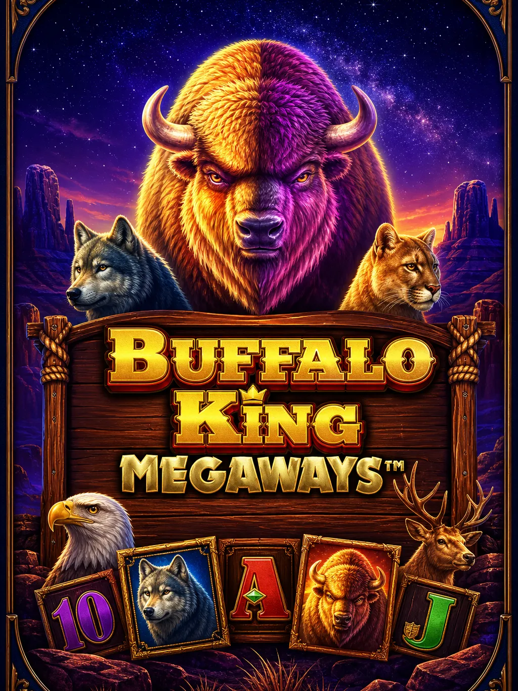 Buffalo King Megaways game art - buffalo herd running across the reels